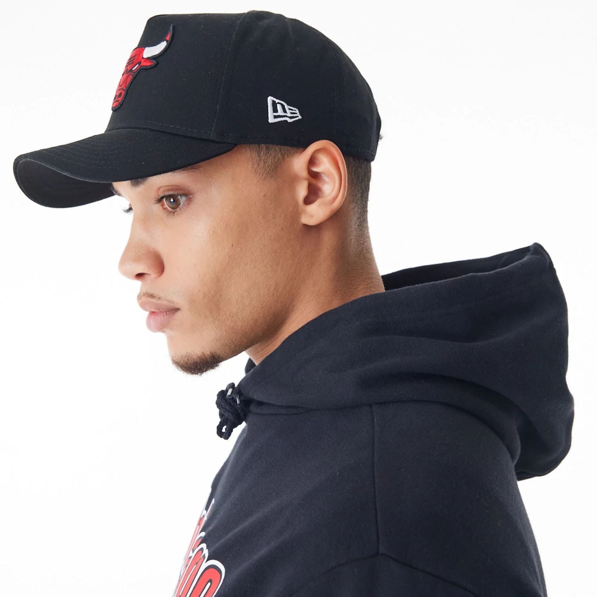 The Male model is wearing Chicago Bulls NBA Flame Print Black Oversized Pullover Hoodie  6