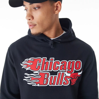 The Male model is wearing Chicago Bulls NBA Flame Print Black Oversized Pullover Hoodie  4