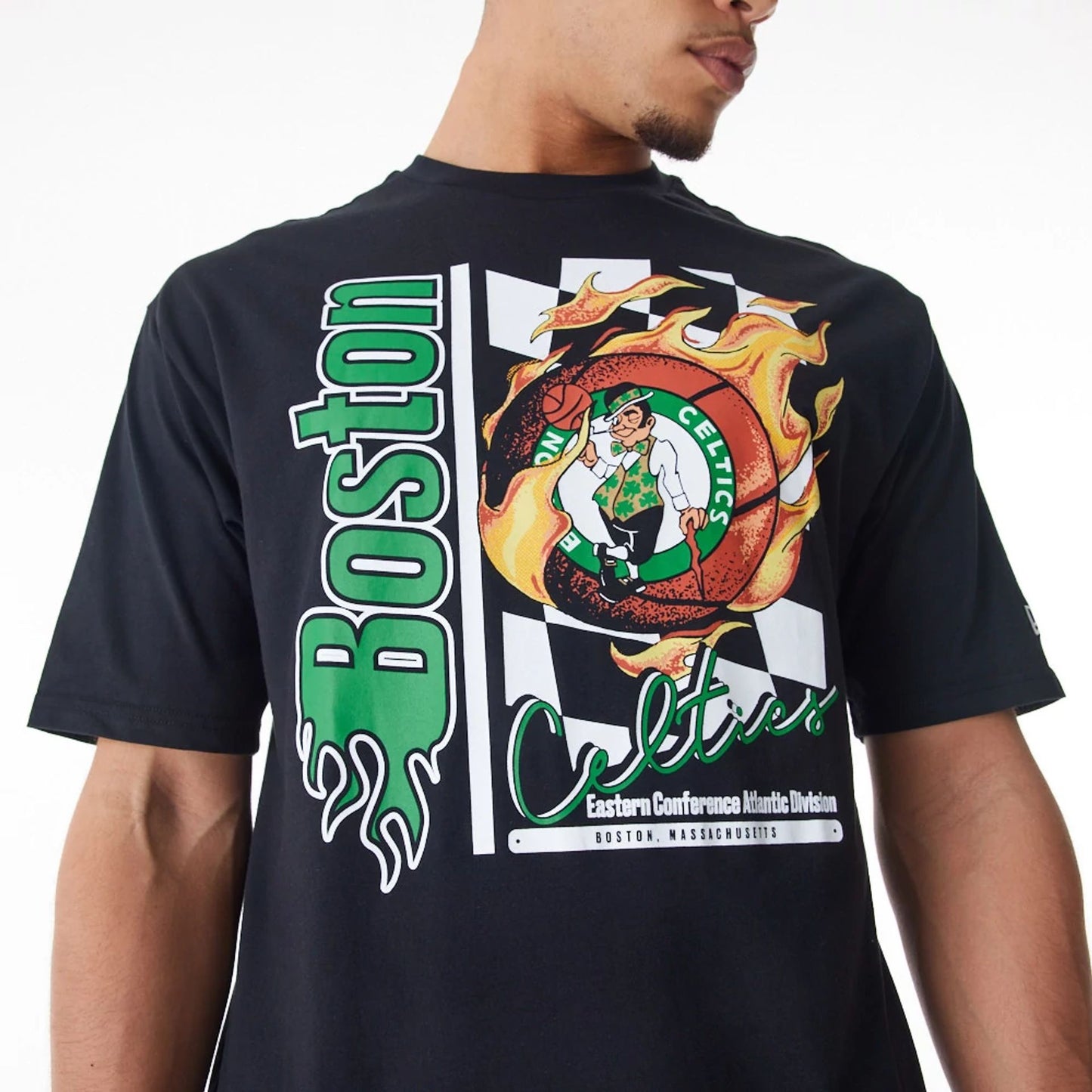 The Male model is wearing Boston Celtics NBA Flame Print Black Oversized T-Shirt  4