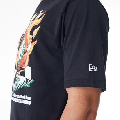 The Male model is wearing Boston Celtics NBA Flame Print Black Oversized T-Shirt  5