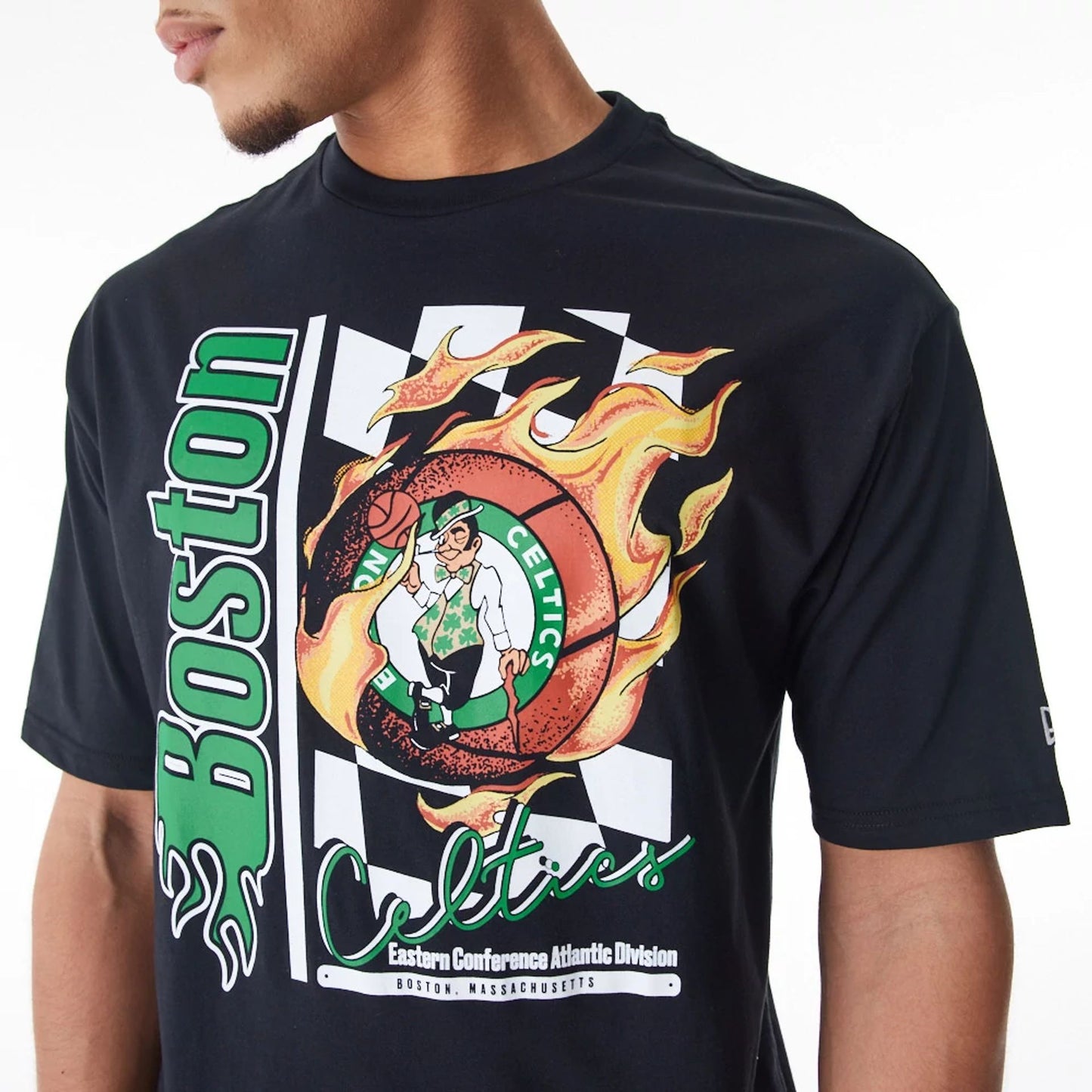 The Male model is wearing Boston Celtics NBA Flame Print Black Oversized T-Shirt  6