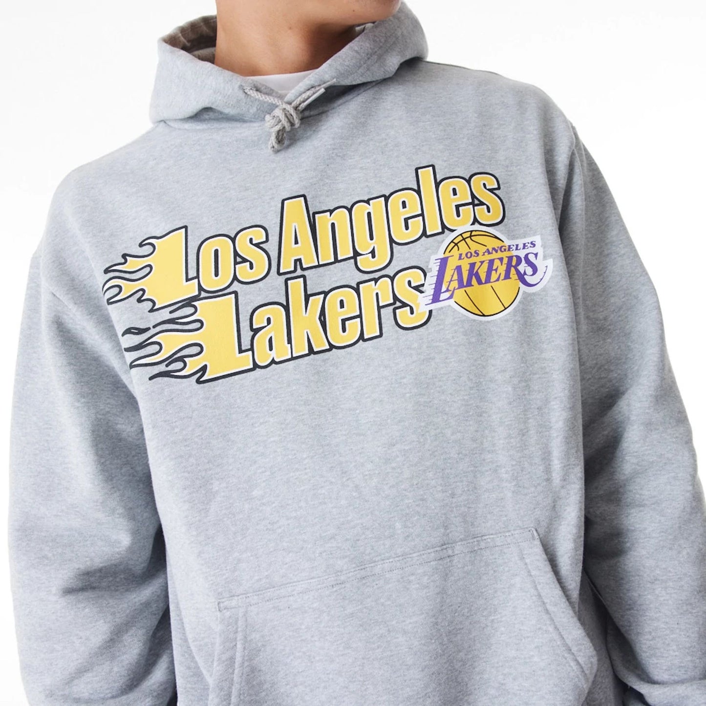 The Male model is wearing LA Lakers NBA Flame Print Grey Oversized Pullover Hoodie  3