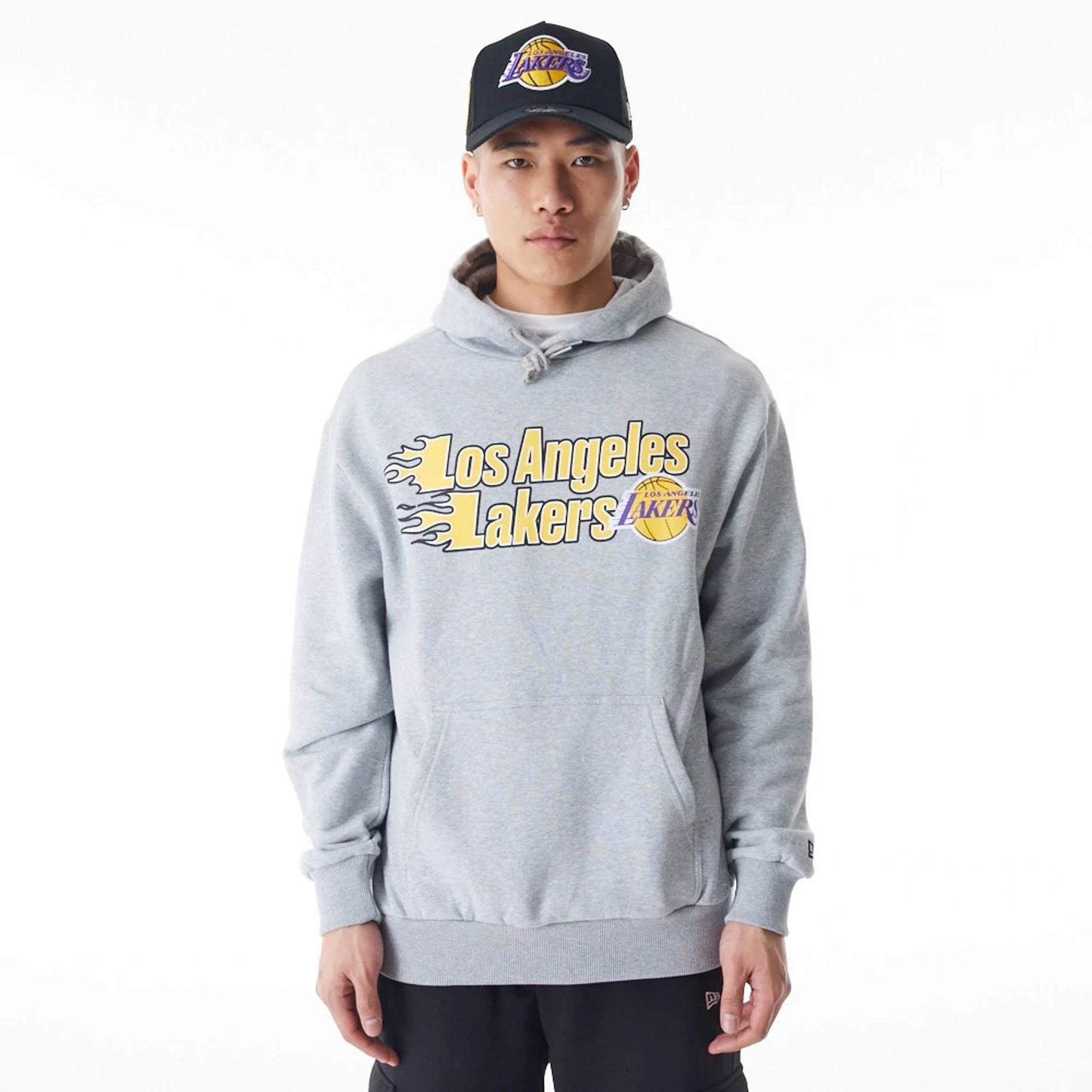 The Male model is wearing LA Lakers NBA Flame Print Grey Oversized Pullover Hoodie  1