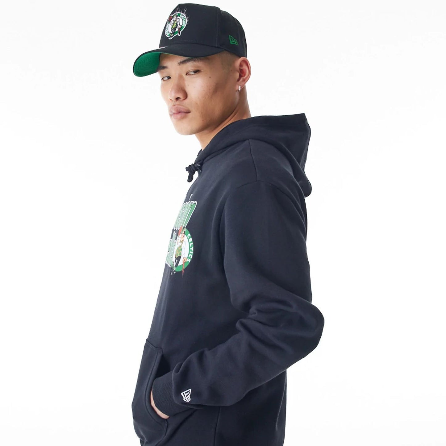 The Male model is wearing Boston Celtics NBA Flame Print Black Oversized Pullover Hoodie  7