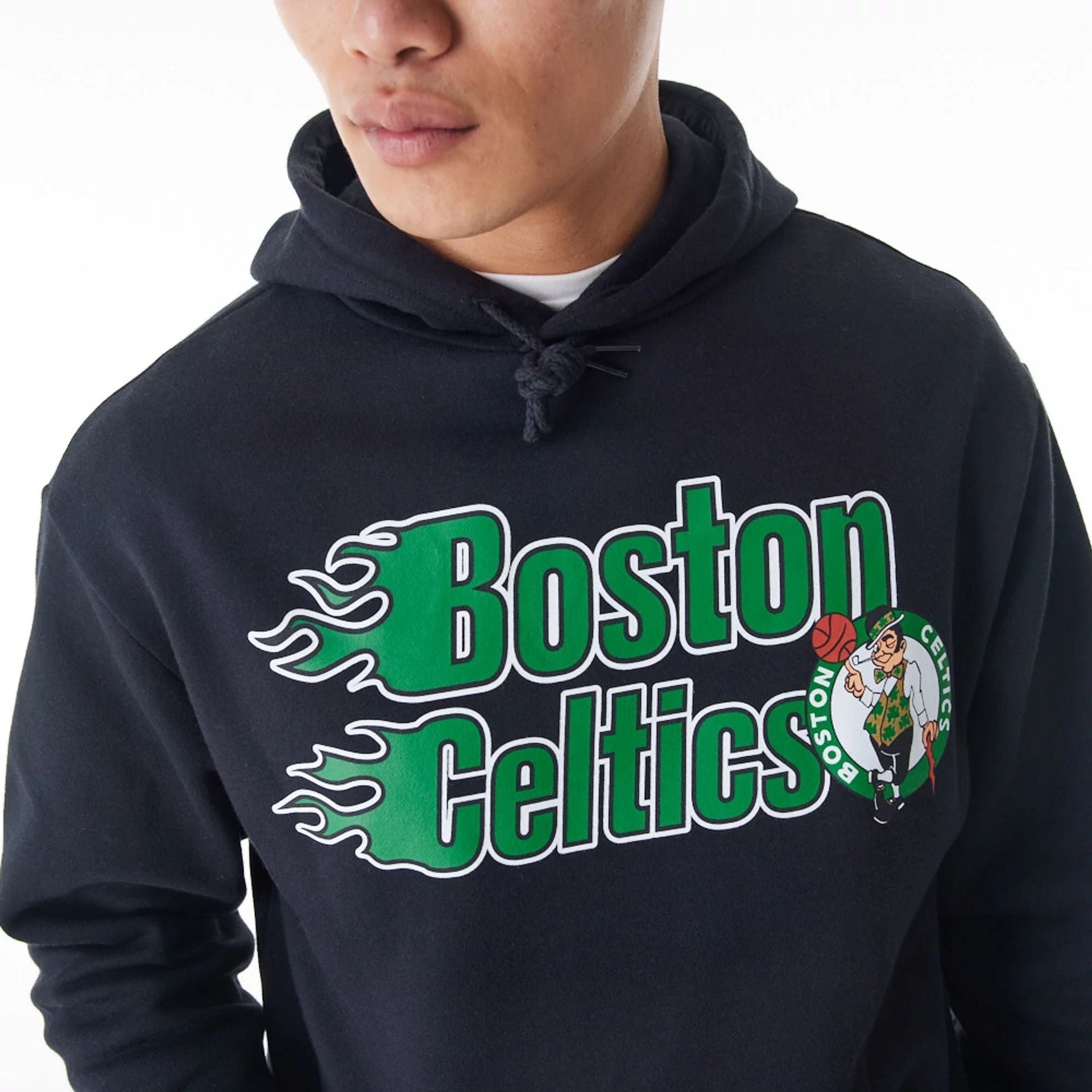 The Male model is wearing Boston Celtics NBA Flame Print Black Oversized Pullover Hoodie  2