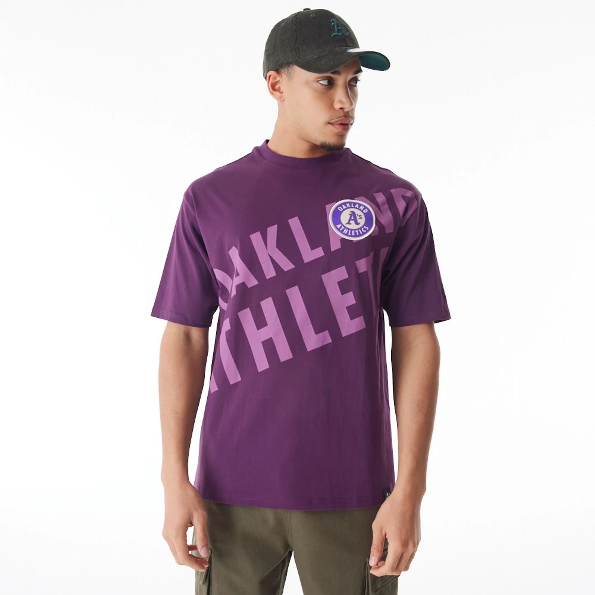 The Male model is wearing Oakland Athletics MLB Script Graphic Dark Purple Oversized T-Shirt  1