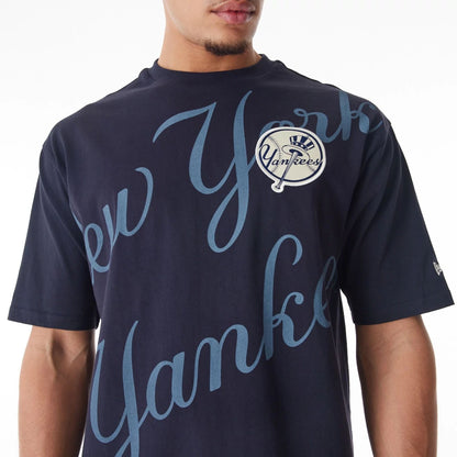 The Male model is wearing New York Yankees MLB Script Graphic Navy Oversized T-Shirt  3