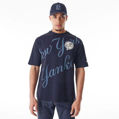 The Male model is wearing New York Yankees MLB Script Graphic Navy Oversized T-Shirt  1