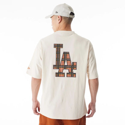 The Male model is wearing LA Dodgers MLB Tartan Infill Light Beige Oversized T-Shirt  2