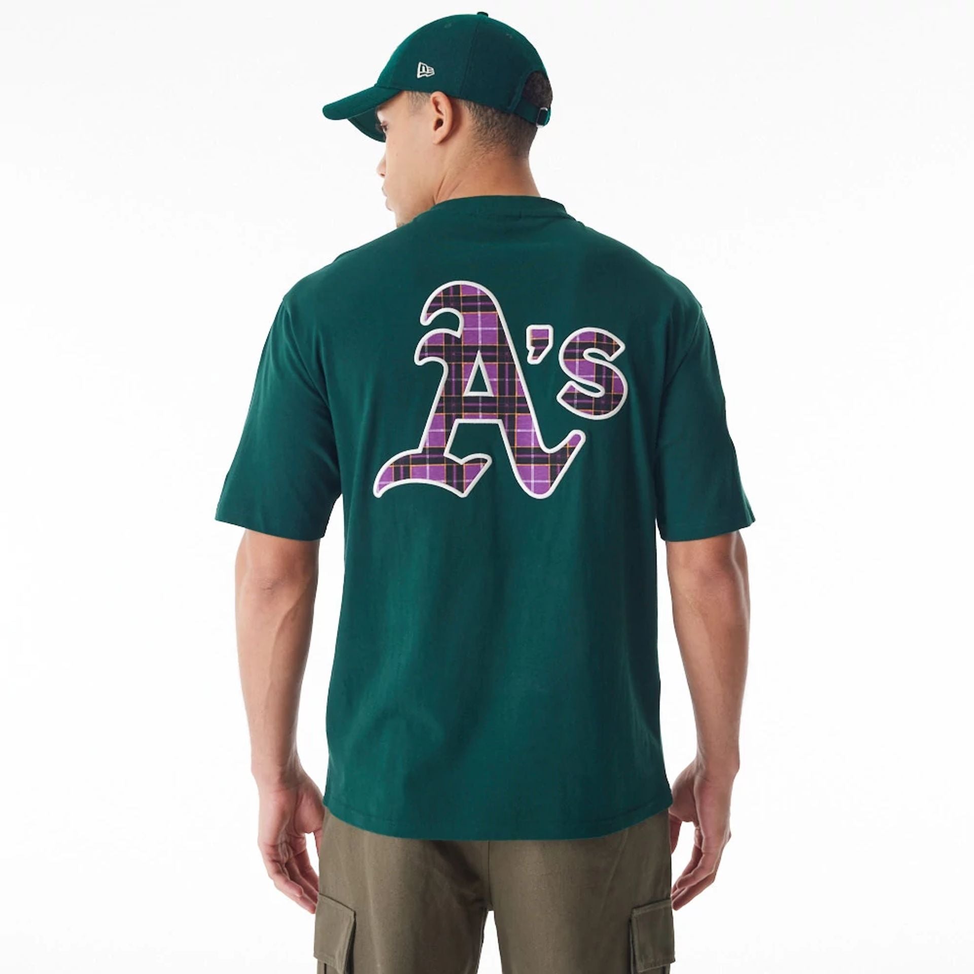 The Male model is wearing Oakland Athletics MLB Tartan Infill Dark Green Oversized T-Shirt  1