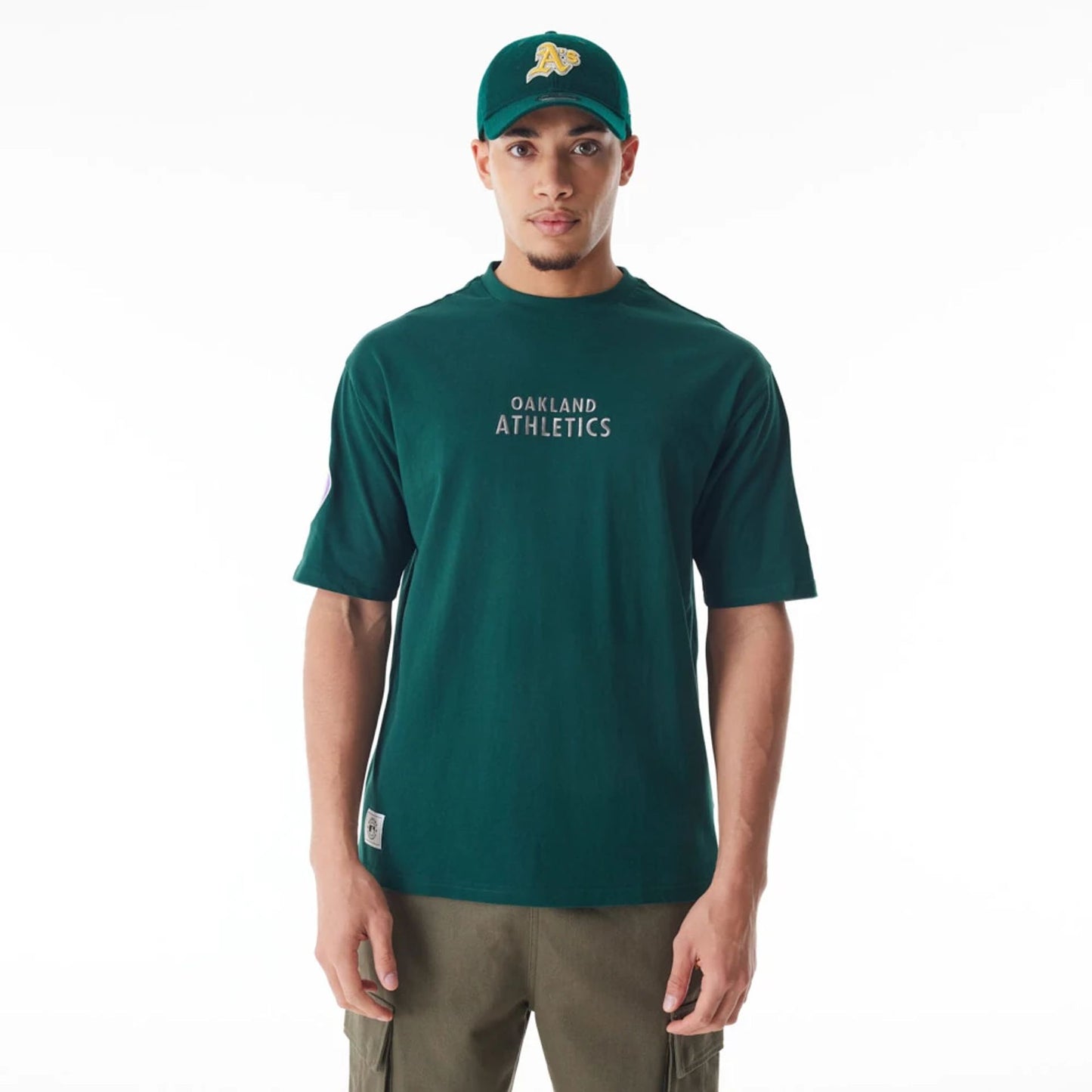 The Male model is wearing Oakland Athletics MLB Tartan Infill Dark Green Oversized T-Shirt  2