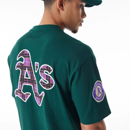 The Male model is wearing Oakland Athletics MLB Tartan Infill Dark Green Oversized T-Shirt  4