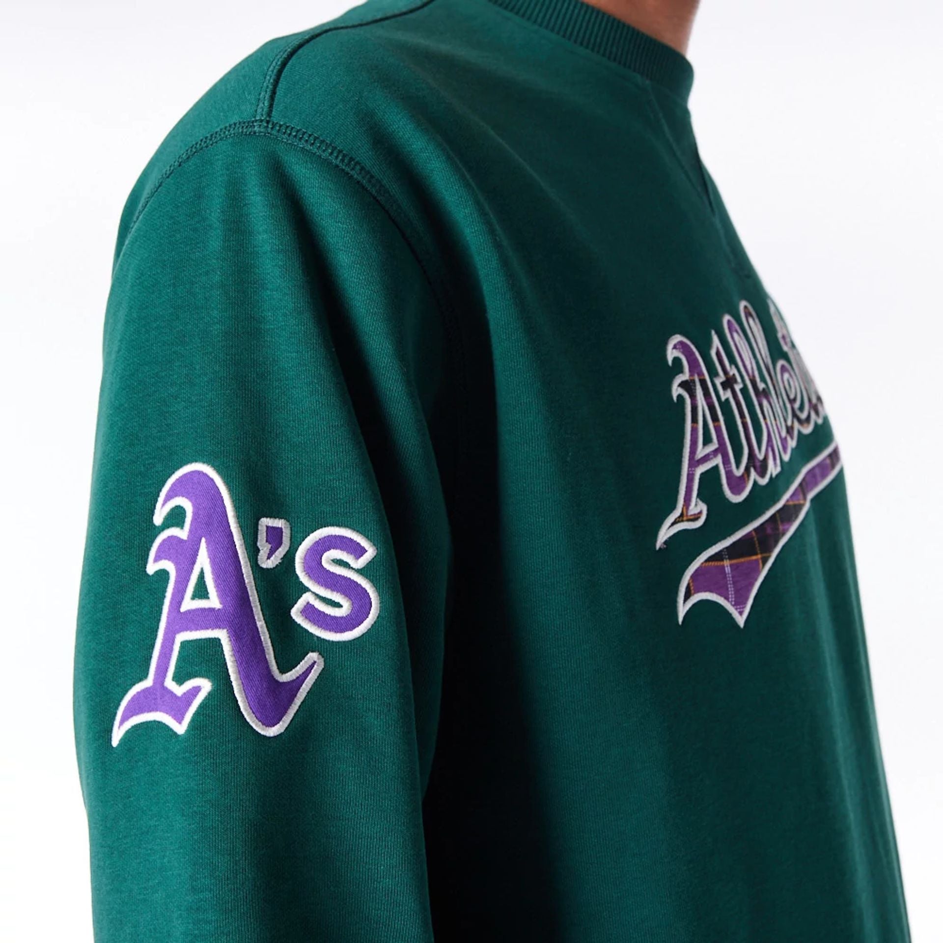 The Male model is wearing Oakland Athletics MLB Tartan Infill Dark Green Crew Neck Sweater  9