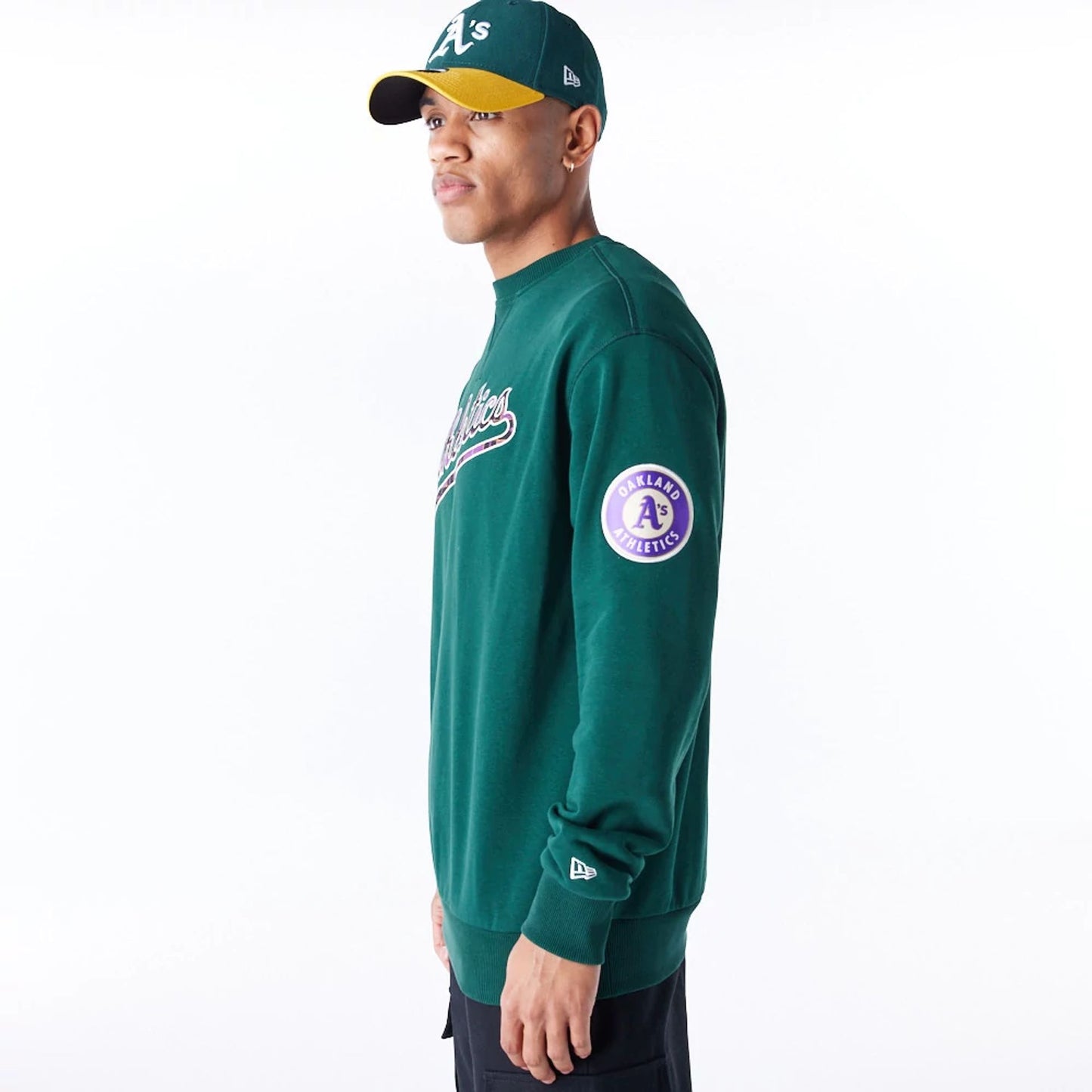 The Male model is wearing Oakland Athletics MLB Tartan Infill Dark Green Crew Neck Sweater  6