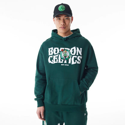 The Male model is wearing Boston Celtics NBA Graphic Dark Green Oversized Pullover Hoodie  1