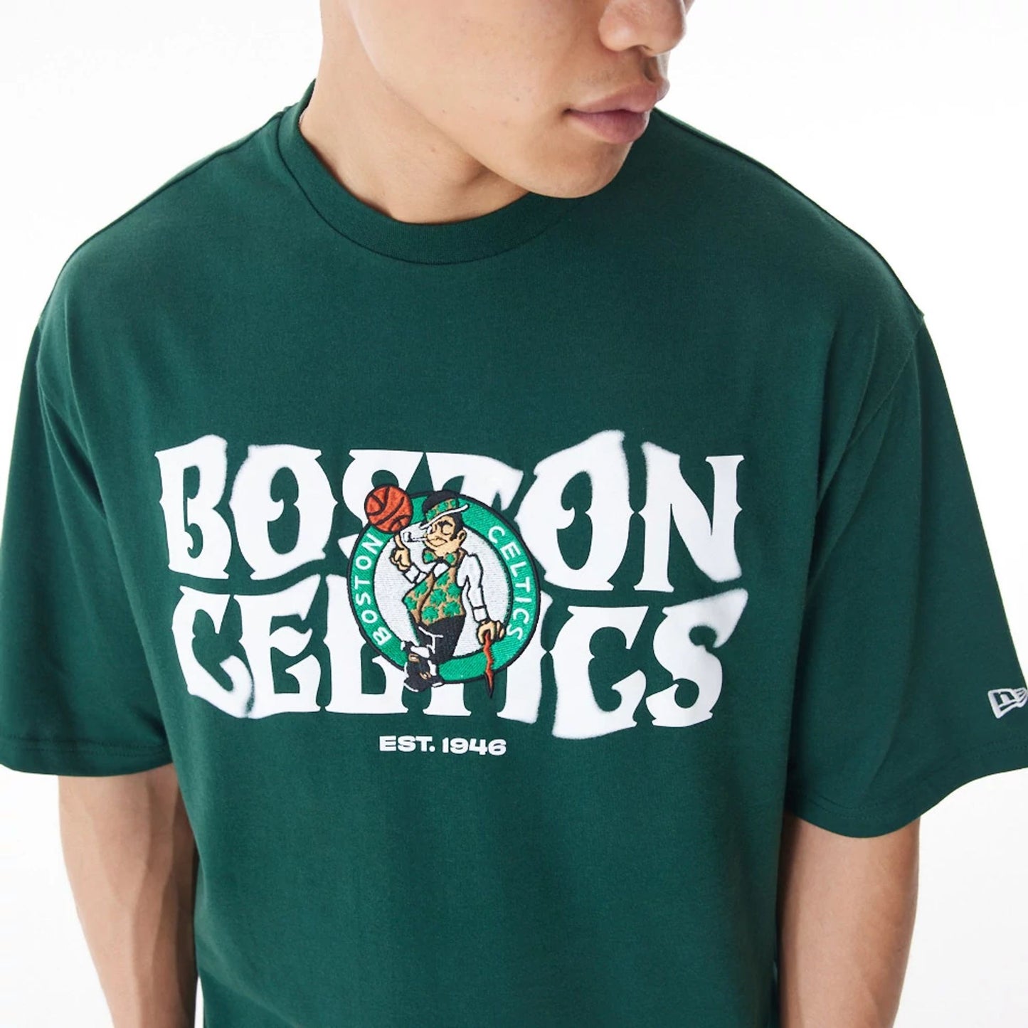 The Male model is wearing Boston Celtics NBA Graphic Dark Green Oversized T-Shirt  7