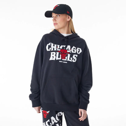 The Male model is wearing Chicago Bulls NBA Graphic Black Oversized Pullover Hoodie  3