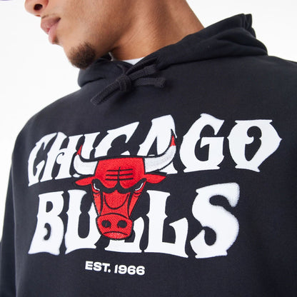 The Male model is wearing Chicago Bulls NBA Graphic Black Oversized Pullover Hoodie  11