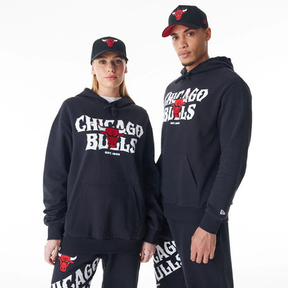 The Male model is wearing Chicago Bulls NBA Graphic Black Oversized Pullover Hoodie  1