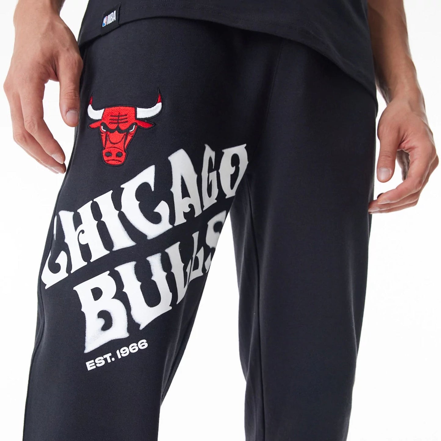 The Male model is wearing Chicago Bulls NBA Graphic Black Joggers  7