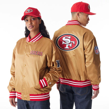 The Male model is wearing San Francisco 49Ers NFL Beige Satin Bomber Jacket  1