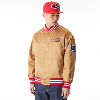 The Male model is wearing San Francisco 49Ers NFL Beige Satin Bomber Jacket  2