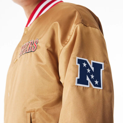 The Male model is wearing San Francisco 49Ers NFL Beige Satin Bomber Jacket  12