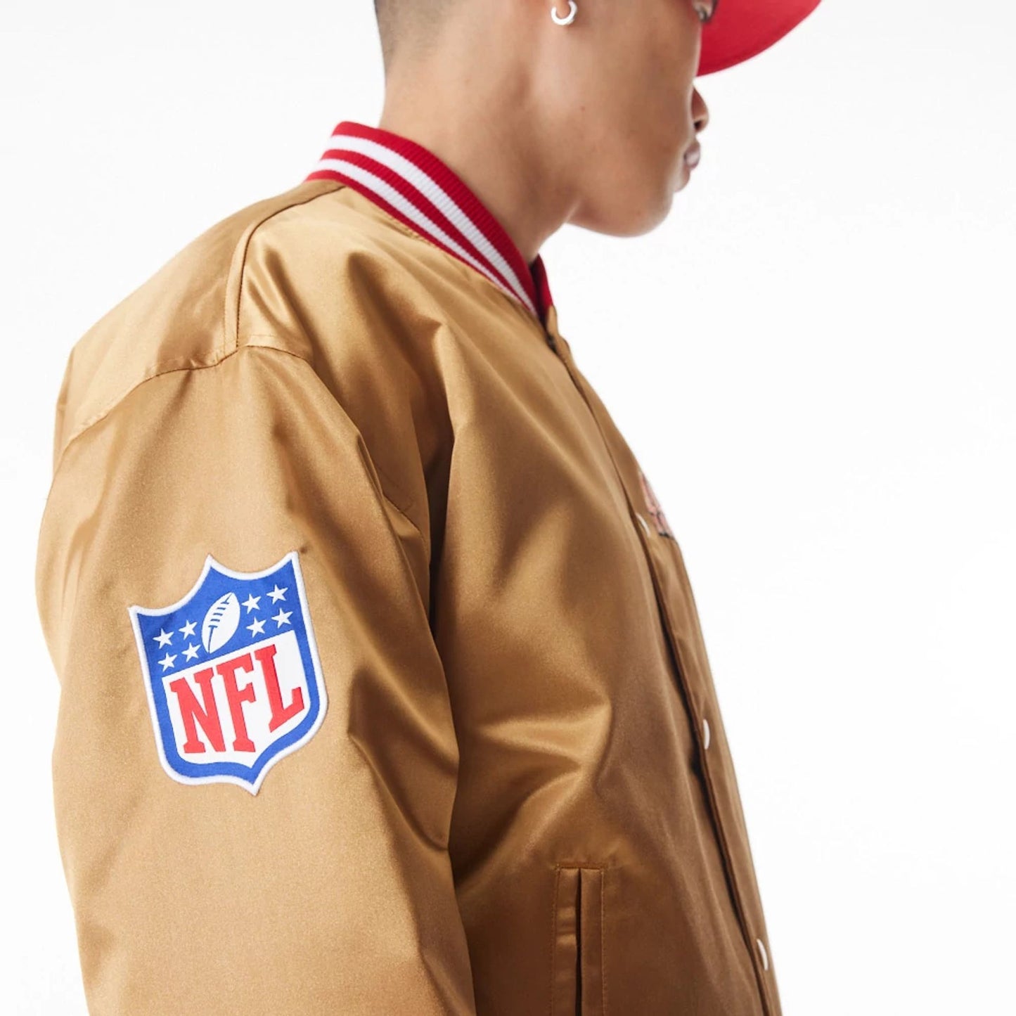 The Male model is wearing San Francisco 49Ers NFL Beige Satin Bomber Jacket  7