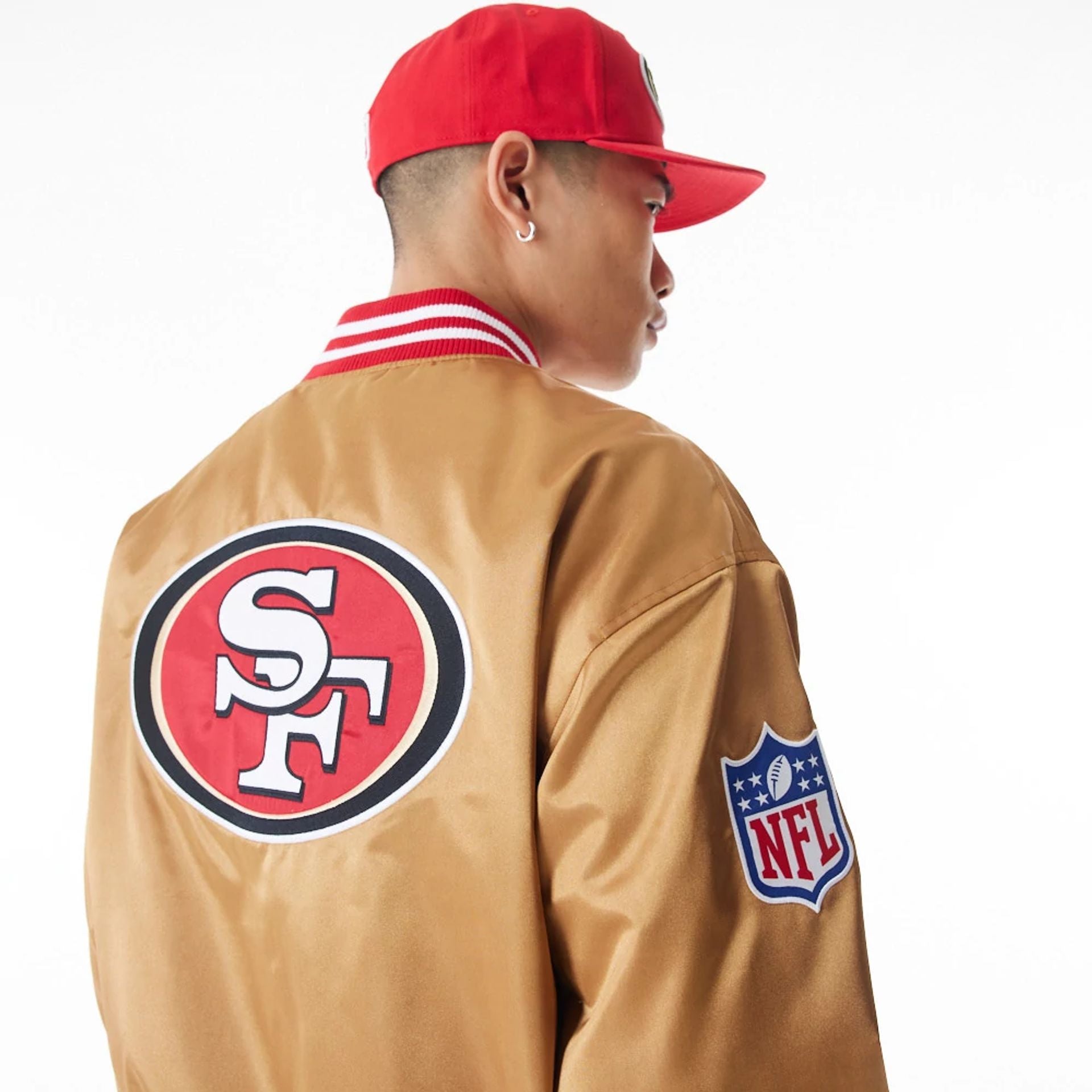 The Male model is wearing San Francisco 49Ers NFL Beige Satin Bomber Jacket  8