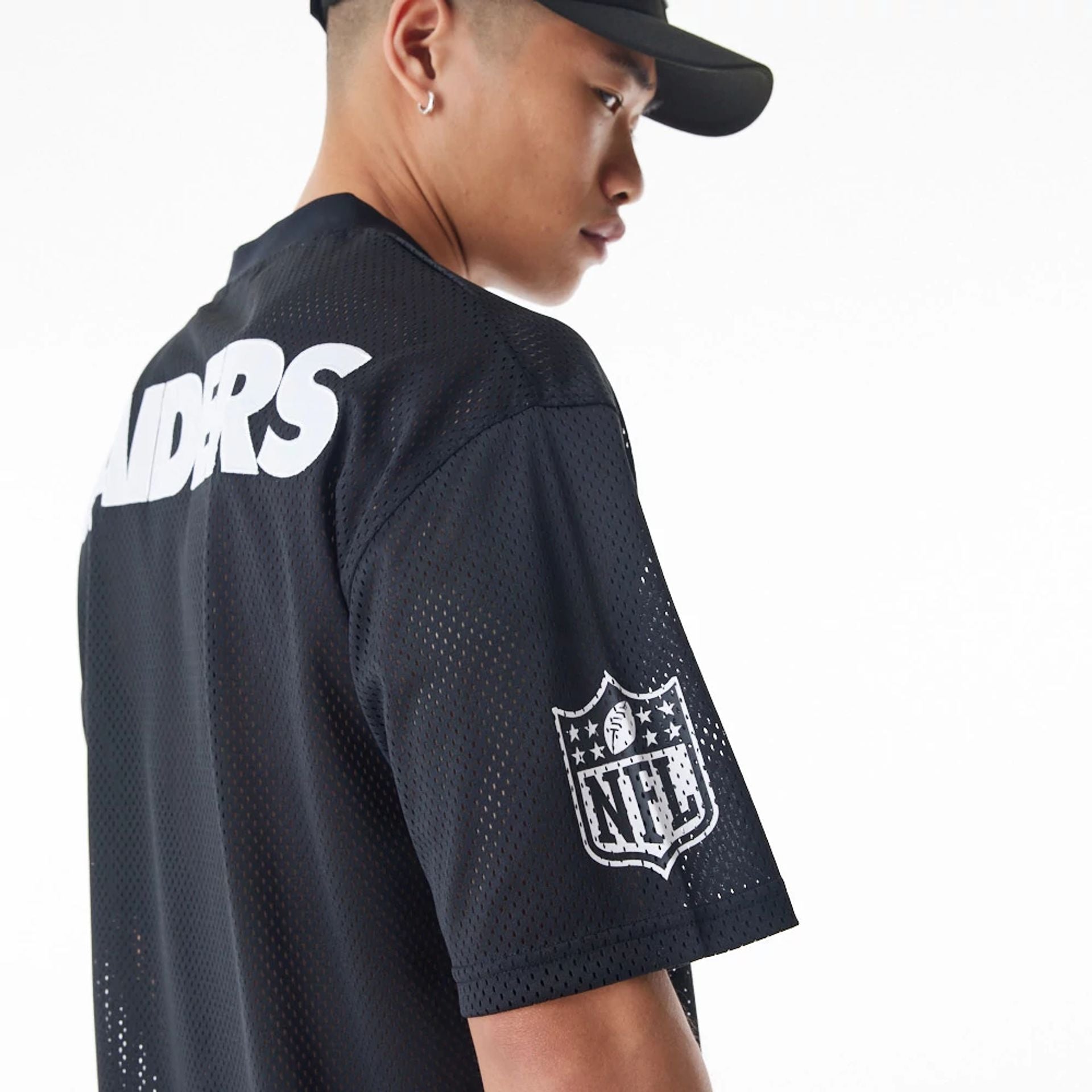 The Male model is wearing Las Vegas Raiders NFL Mesh Black Jersey  6