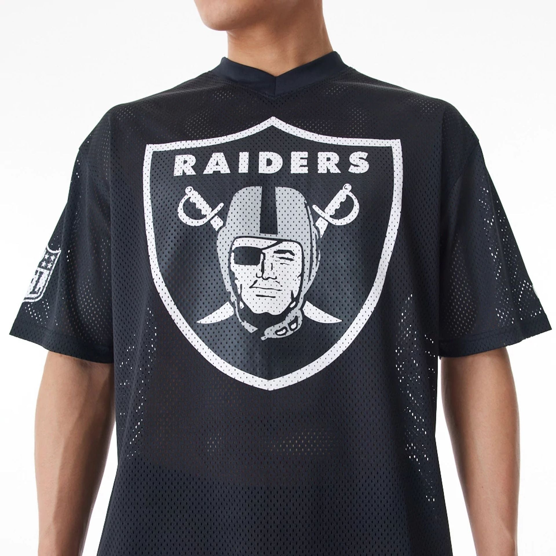 The Male model is wearing Las Vegas Raiders NFL Mesh Black Jersey  4