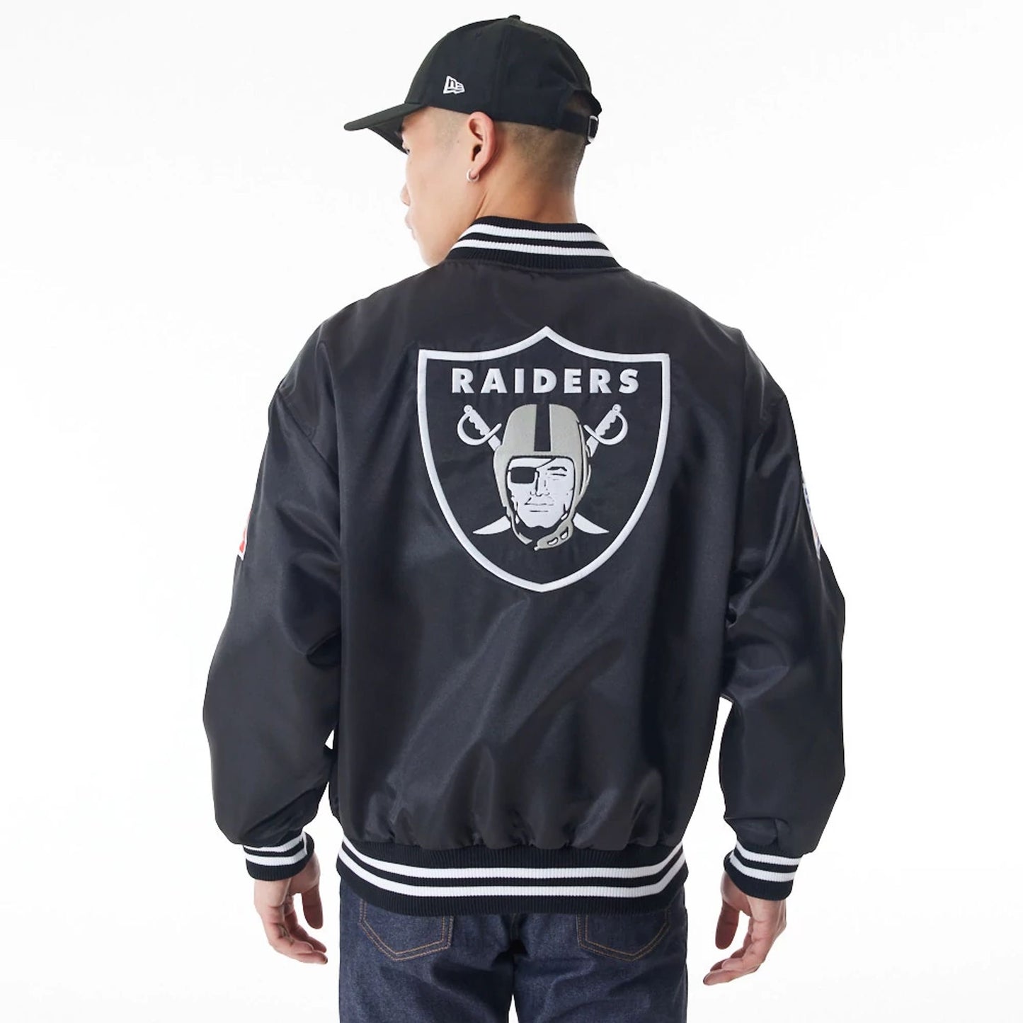 The Male model is wearing Las Vegas Raiders NFL Black Satin Bomber Jacket  2