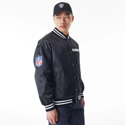 The Male model is wearing Las Vegas Raiders NFL Black Satin Bomber Jacket  4