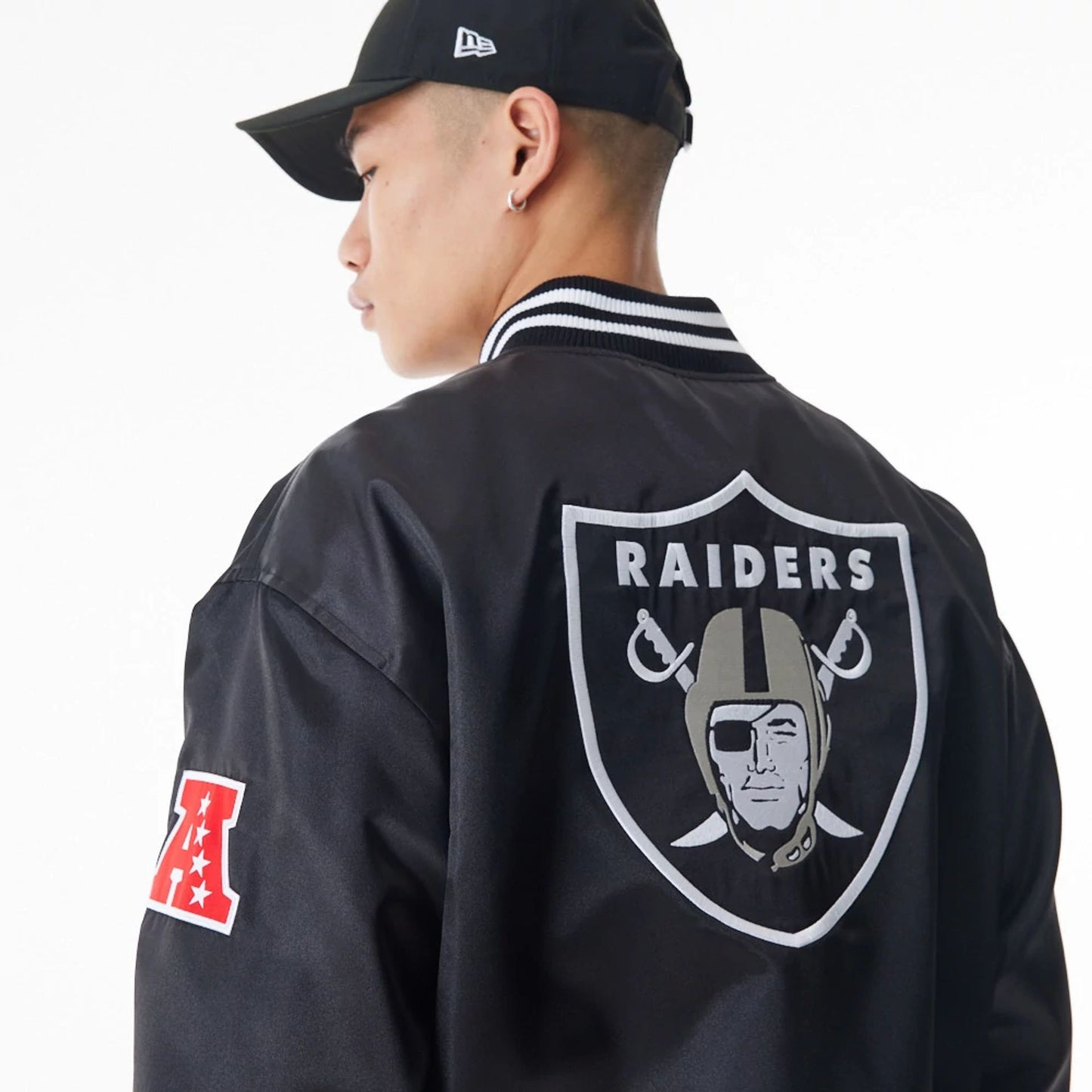 The Male model is wearing Las Vegas Raiders NFL Black Satin Bomber Jacket  7