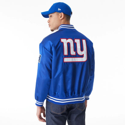 The Male model is wearing New York Giants NFL Blue Satin Bomber Jacket  2