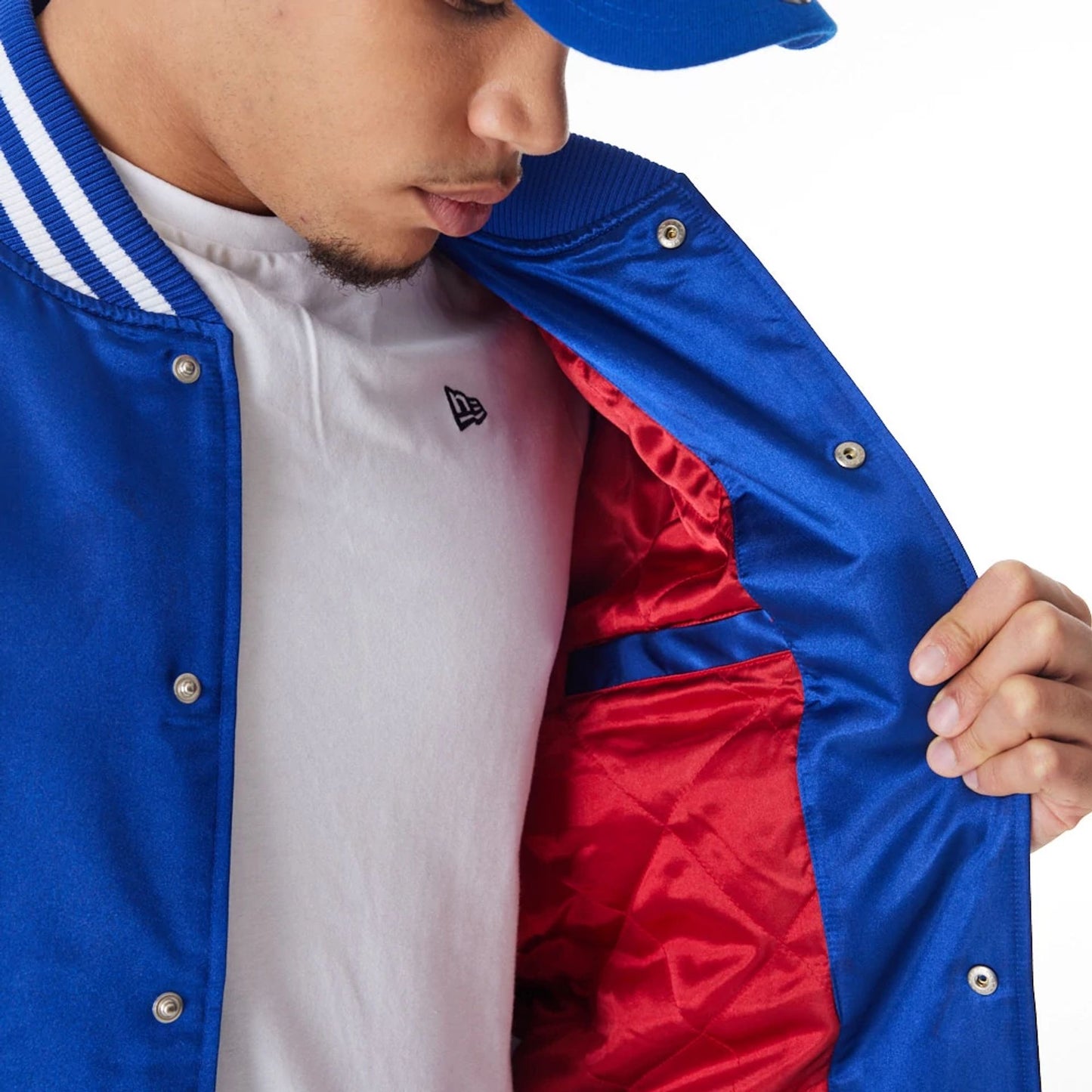 The Male model is wearing New York Giants NFL Blue Satin Bomber Jacket  3