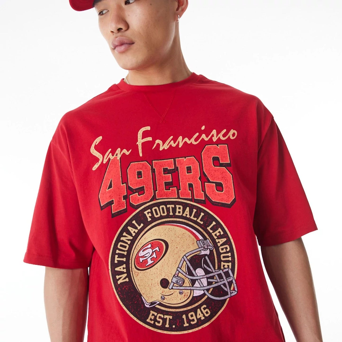 The Male model is wearing San Francisco 49ers NFL Helmet Graphic Red Oversized T-Shirt  5