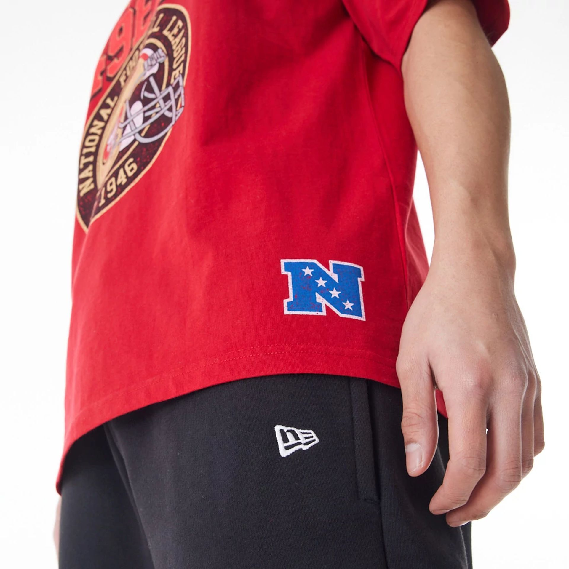 The Male model is wearing San Francisco 49ers NFL Helmet Graphic Red Oversized T-Shirt  7