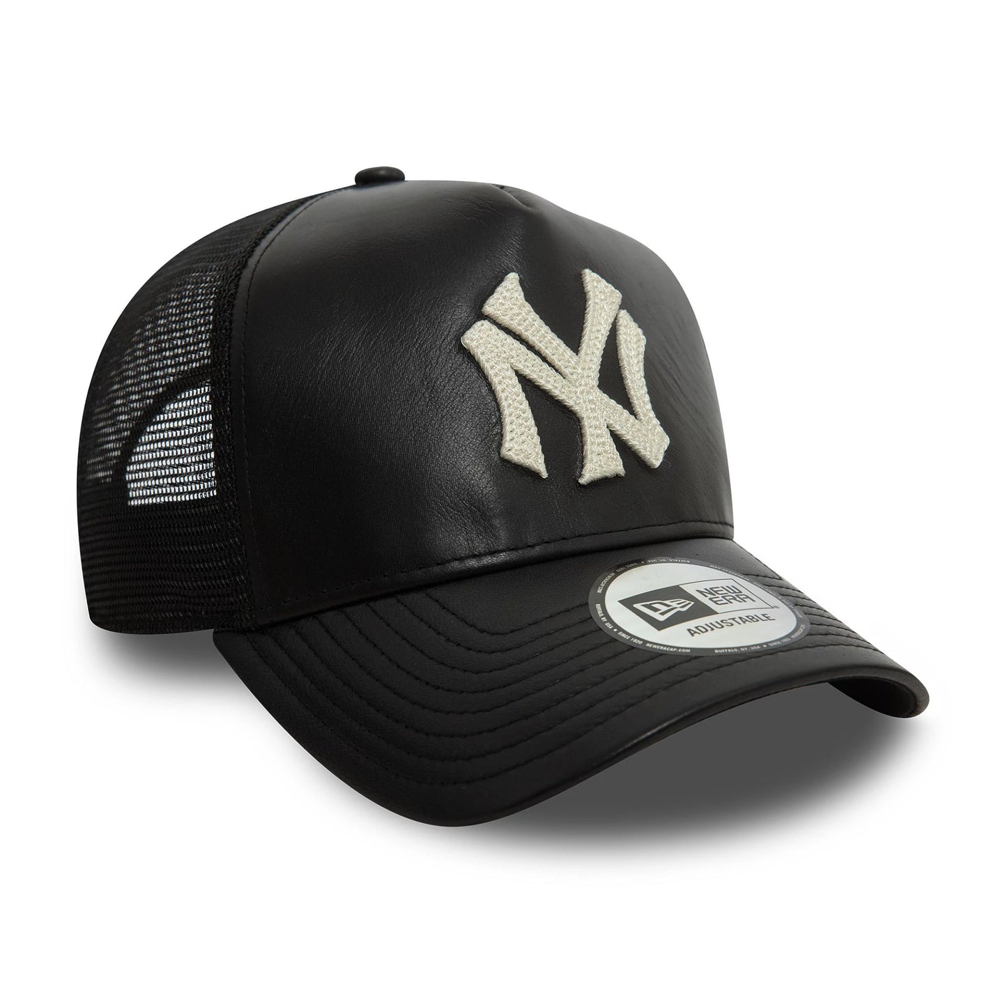 This is a New York Yankees Image Leather Black 9FORTY A-Frame Trucker Cap 3