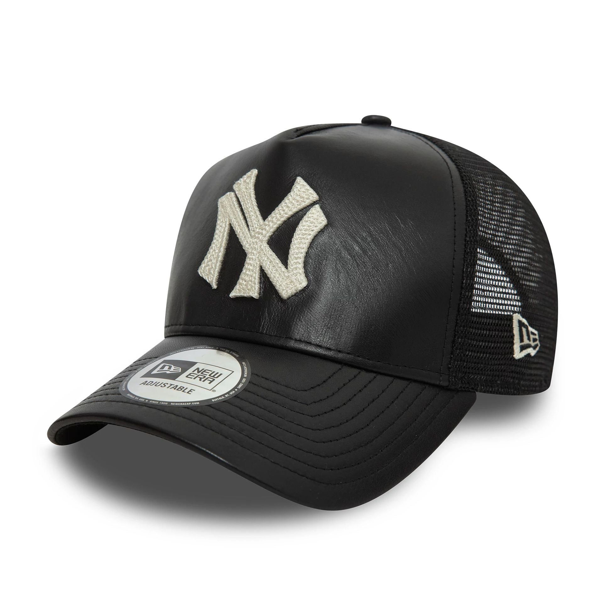 This is a New York Yankees Image Leather Black 9FORTY A-Frame Trucker Cap 1