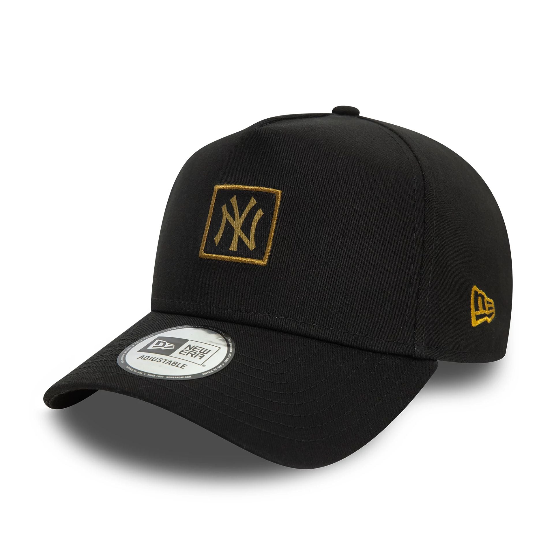 This is a New York Yankees Metallic Patch Black 9FORTY E-Frame Trucker Cap 1