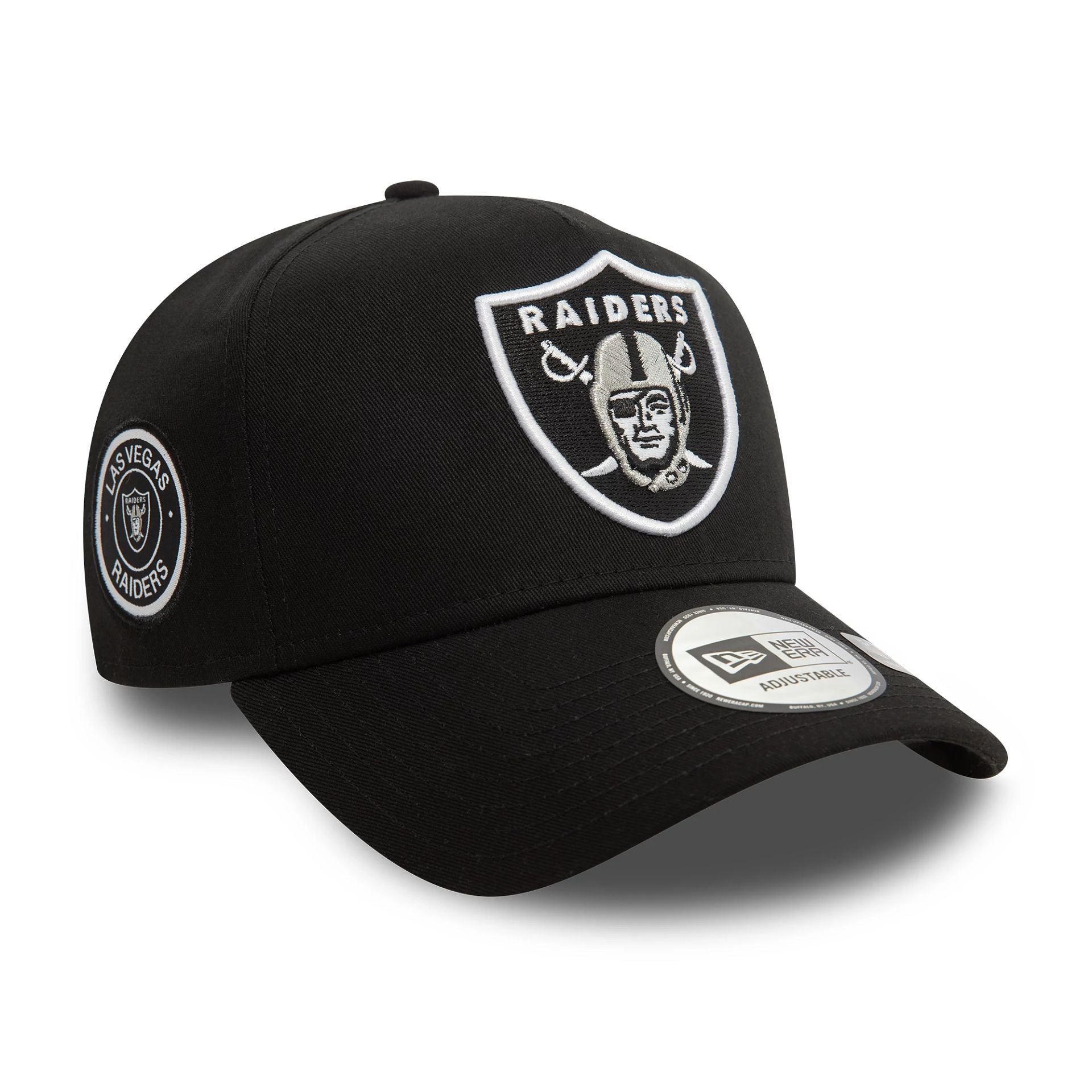 This is a Las Vegas Raiders Patch Black 9FORTY E-Frame Trucker Cap 1