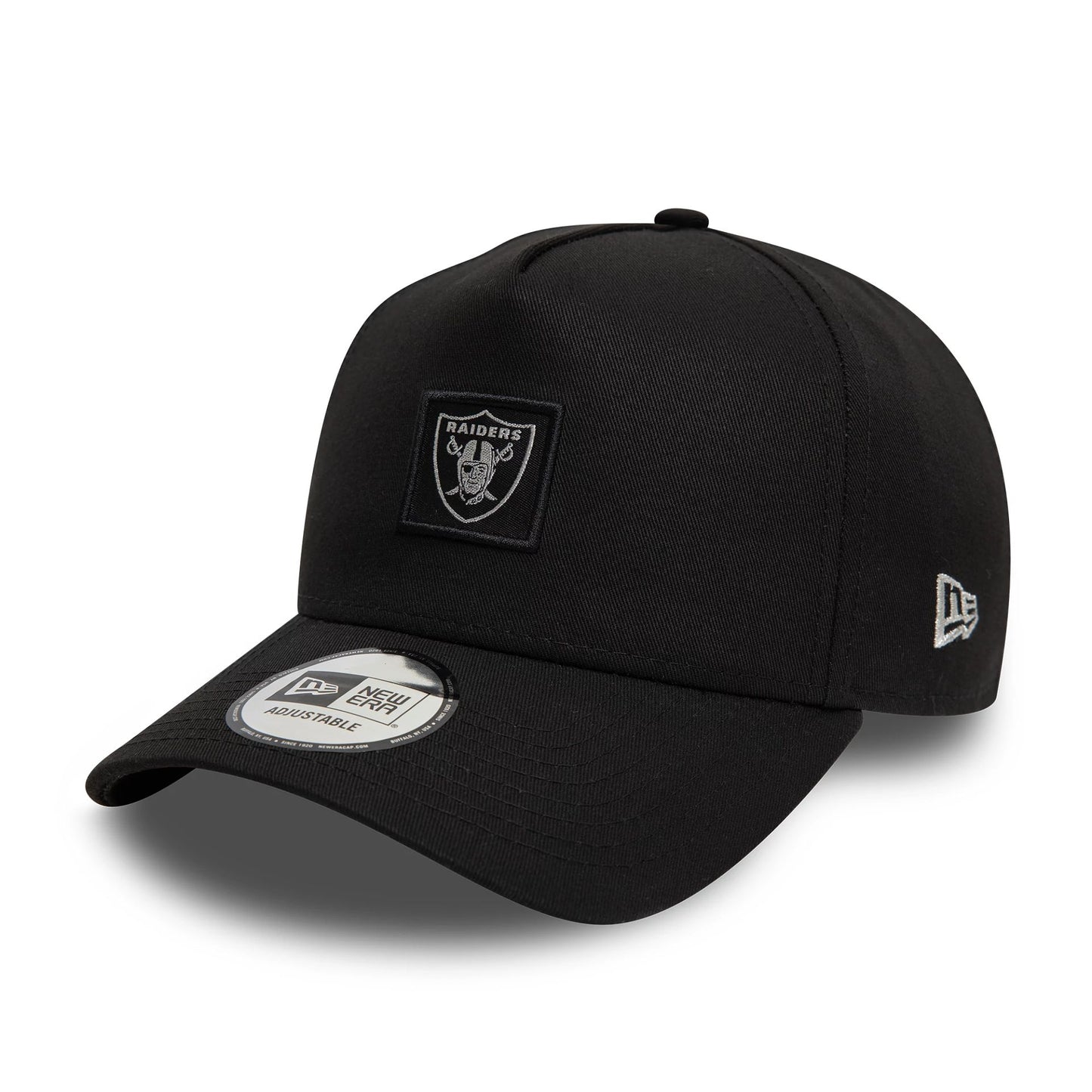 This is a Las Vegas Raiders Metallic Patch Black 9FORTY E-Frame Cap 1