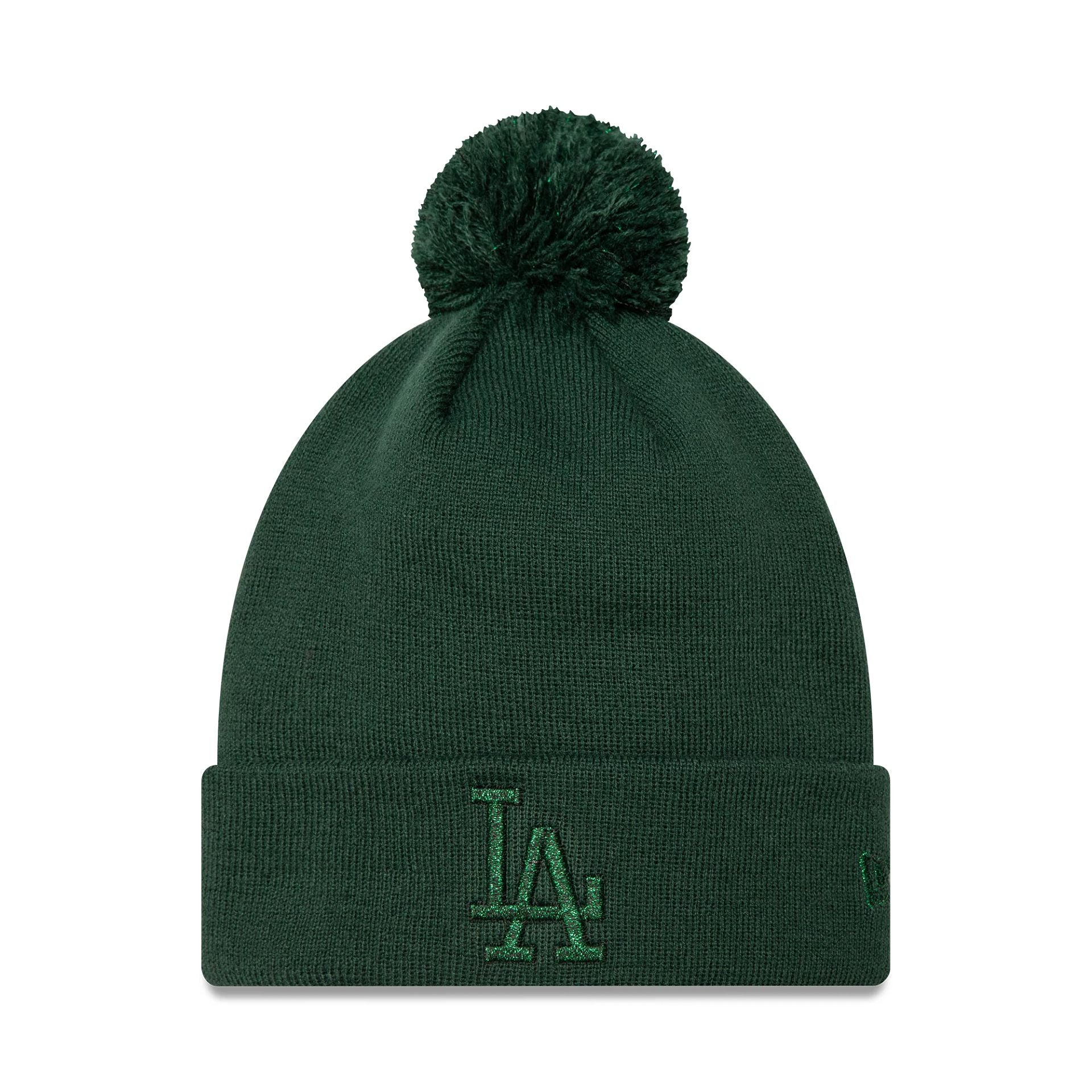 This is a LA Dodgers Womens Metallic Dark Green Bobble Knit Beanie Hat 1