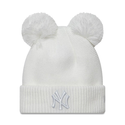 This is a New York Yankees Womens White Double Pom Knit Beanie Hat 1