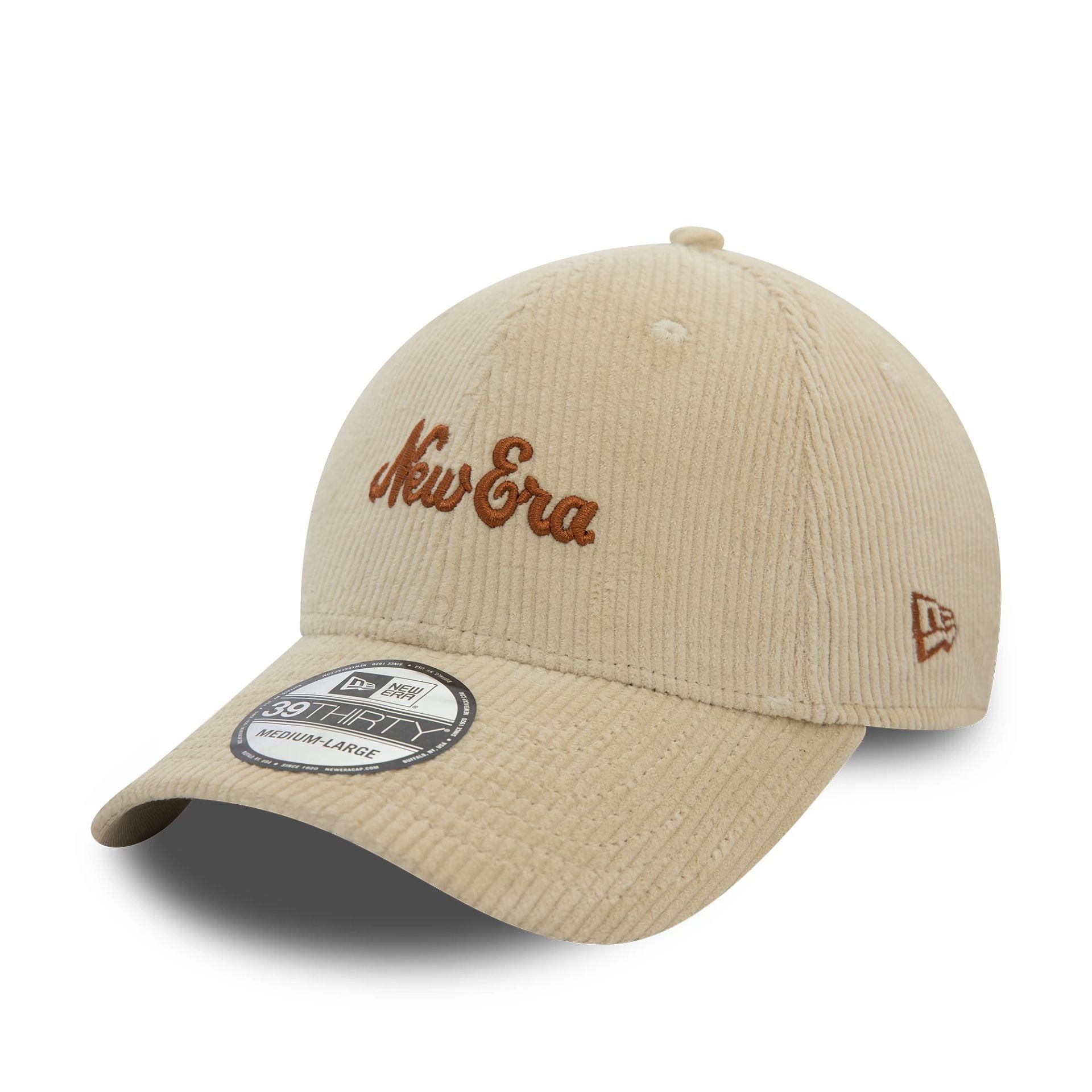 This is a  New Era Script Cord Light Beige 39THIRTY Stretch Fit Cap 1