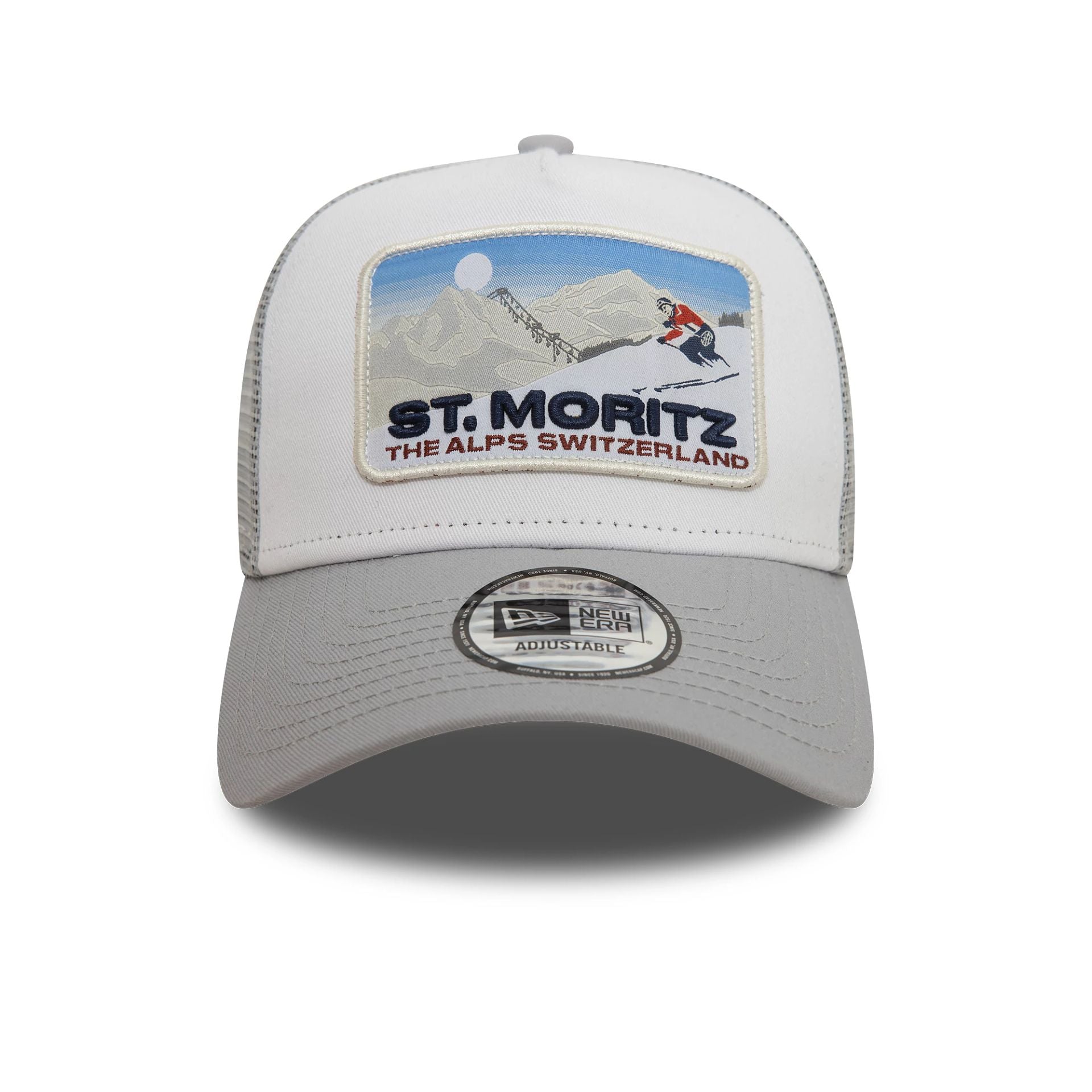 This is a  New Era St. Moritz Ski Patch Grey 9FORTY A-Frame Trucker Cap 2