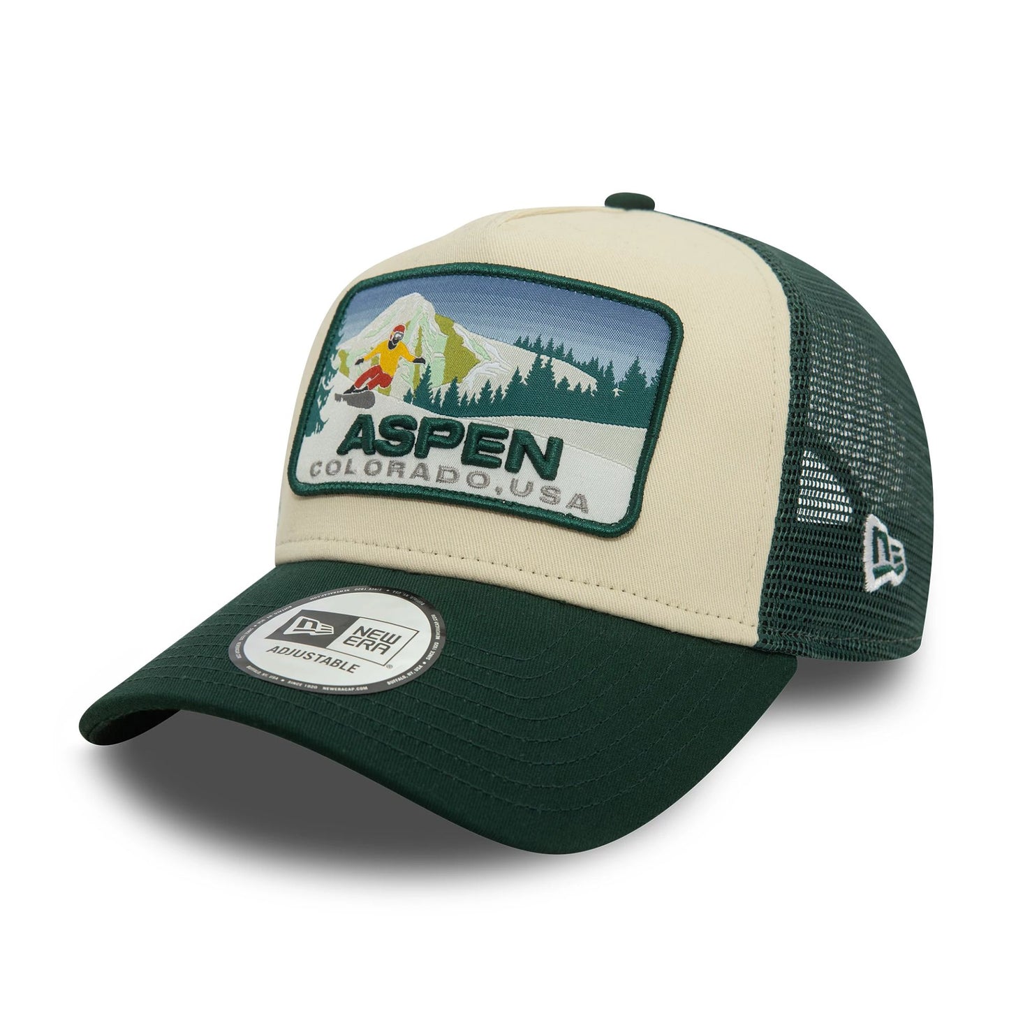 This is a  New Era Aspen Ski Patch Dark Green 9FORTY A-Frame Trucker Cap 1