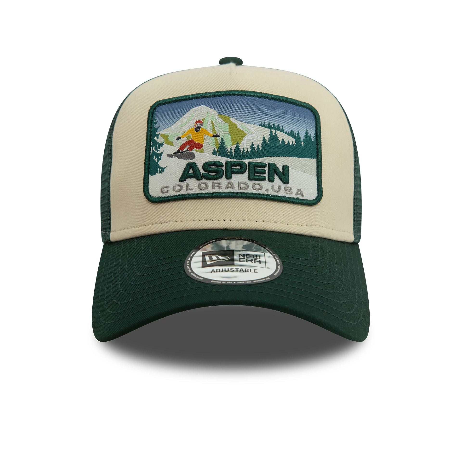 This is a  New Era Aspen Ski Patch Dark Green 9FORTY A-Frame Trucker Cap 2