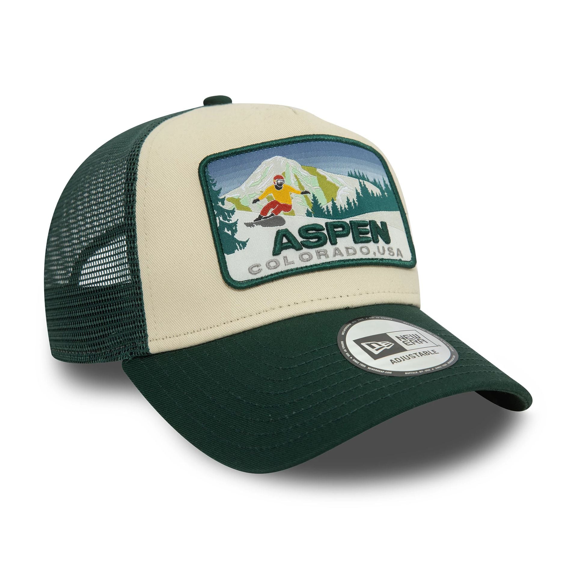 This is a  New Era Aspen Ski Patch Dark Green 9FORTY A-Frame Trucker Cap 3